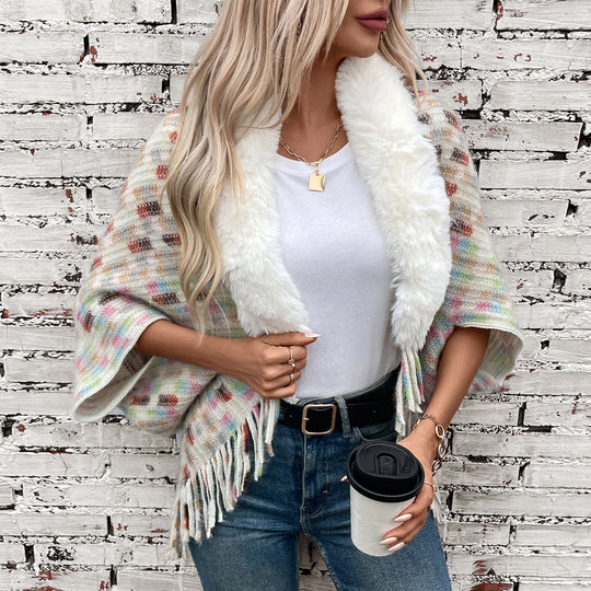 Damen eleganter Poncho mit luxuriösem Kunstfellkragen und Fransen EB
