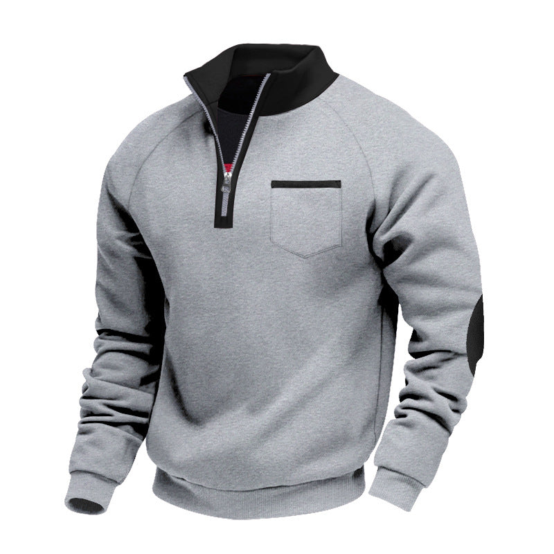 Herren Raglan-Halbzip-Sweatshirt mit Stehkragen, Brusttasche & Ellbogenapplikation EB