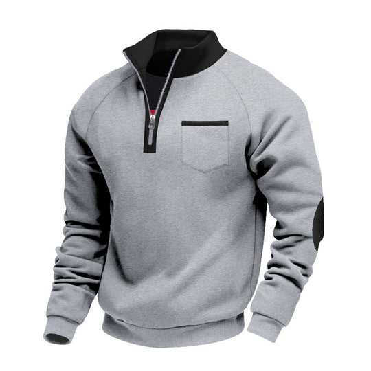 Herren Raglan-Halbzip-Sweatshirt mit Stehkragen, Brusttasche & Ellbogenapplikation EB