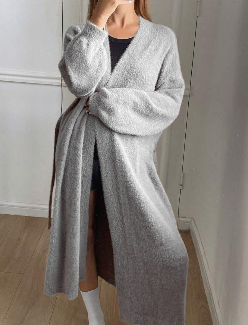 Damen Langer Wickel-Cardigan in Flausch-Optik mit Bindegürtel EB