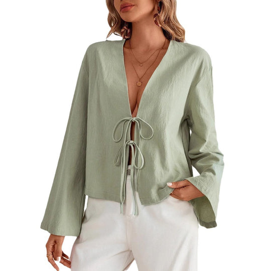 Damen lässige Shirtjacke mit tiefer V-Ausschnitt und Schleifenverschluss EB