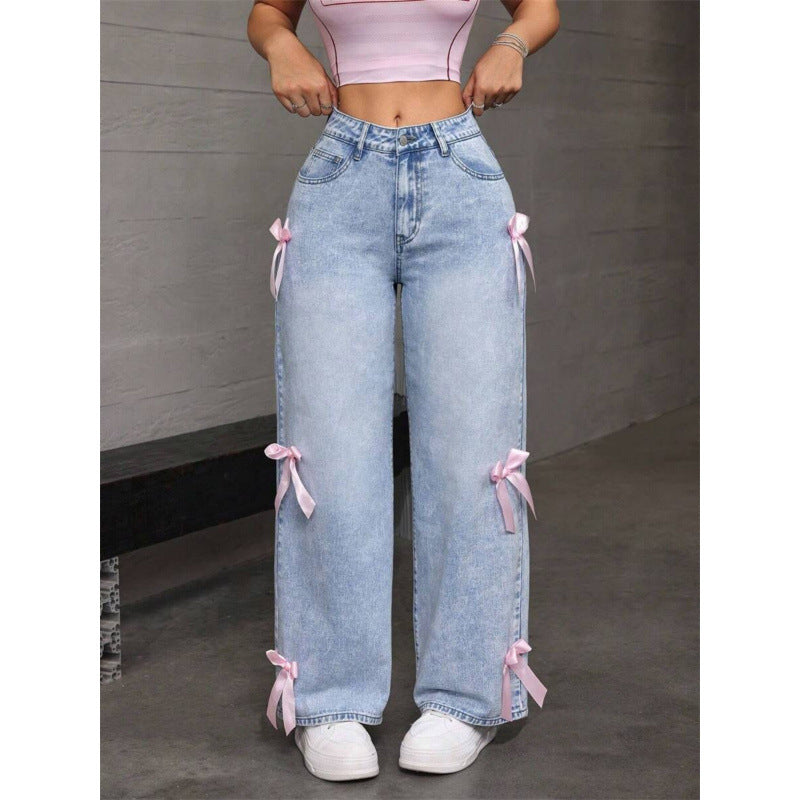 Damen Weite Jeans mit dekorativen Schleifen-Details EB
