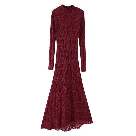 Damen Maxikleid aus feiner Spitze mit langem Arm und hochgeschlossenem Design EB