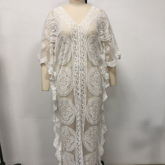 Damen Elegantes Häkel-Strandüberwurfkleid mit voluminösen Ärmeln und V-Ausschnitt EB