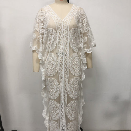 Damen Elegantes Häkel-Strandüberwurfkleid mit voluminösen Ärmeln und V-Ausschnitt EB