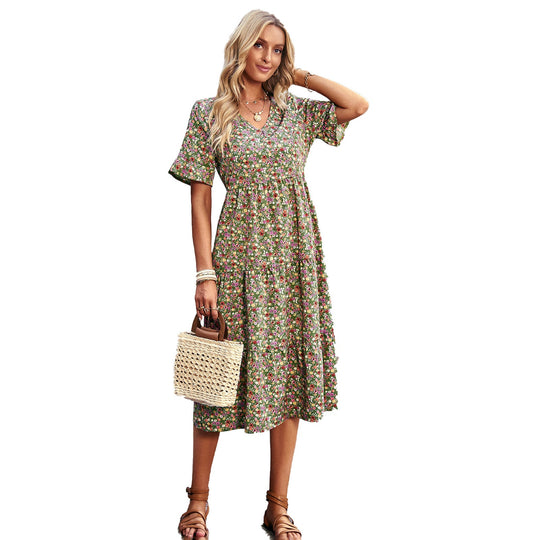 Damen Midi-Kleid mit Floralem Muster und Verspieltem V-Ausschnitt EB