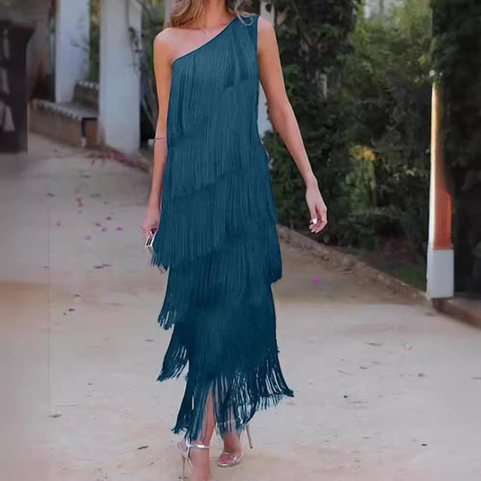 Damen Fransen Maxikleid mit asymmetrischem Schnitt und elegantem Detail EB