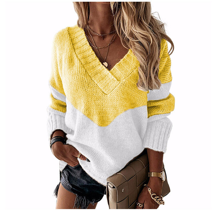Damen nan V-Ausschnitt Strickpullover mit Chevron-Muster und Oversize-Schnitt EB