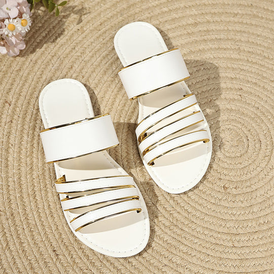 Damen Slide-Sandalen mit doppeltem Riemendesign und goldenen Akzenten EB