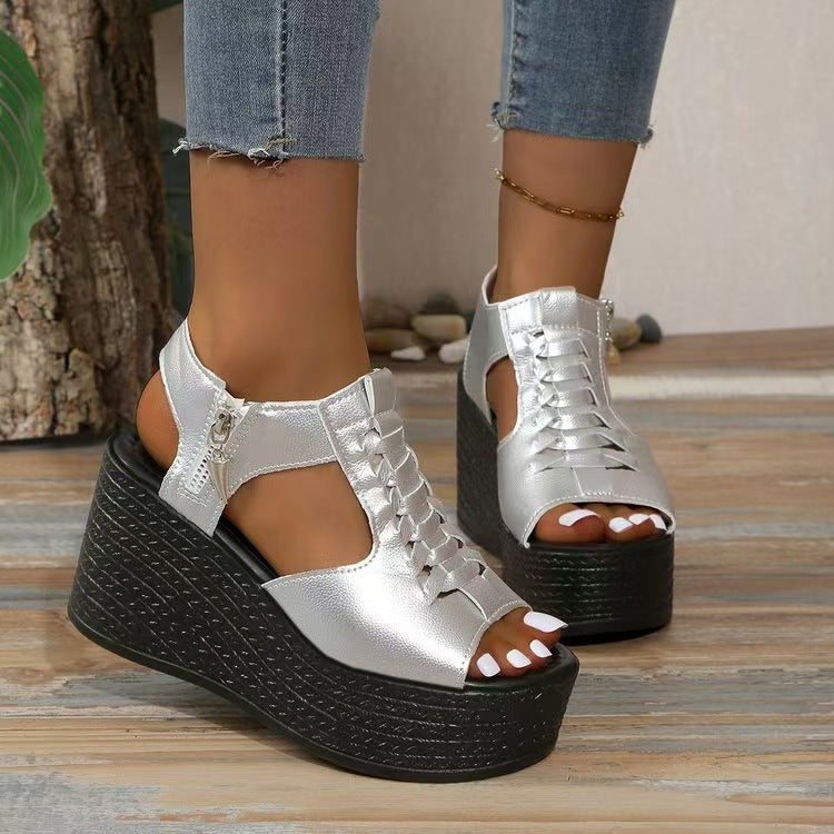Damen Plateau-Sandalen mit elastischen Schnürungen und Reißverschluss EB
