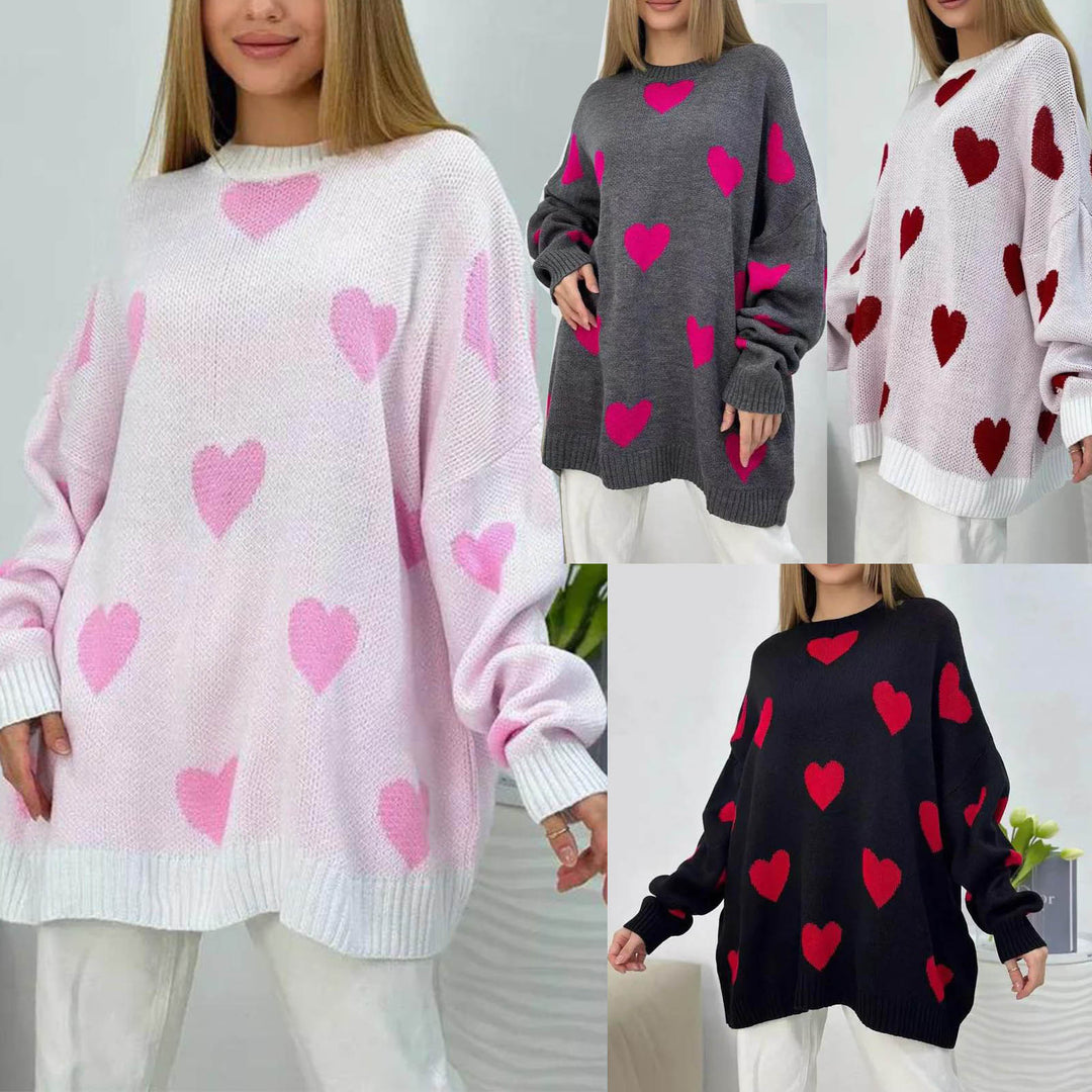Damen Oversize Strickpullover mit Herz‑Motiv, Rippbündchen & weiter Silhouette EB