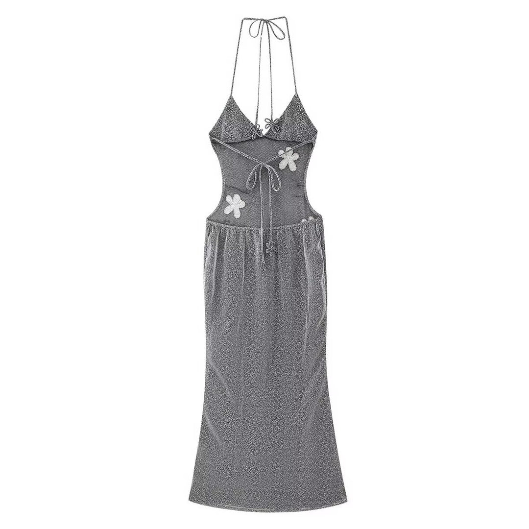 Damen Maxikleid mit Floral-Applikationen und bindbarem Oberteil EB
