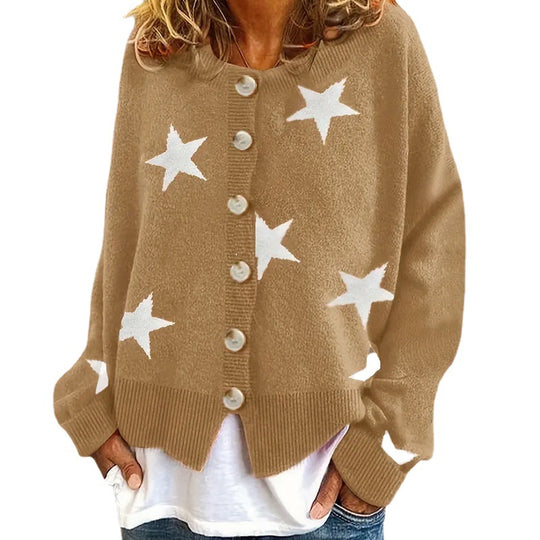 Damen modische Strickjacke mit Sternenmuster und Knopfdetails EB