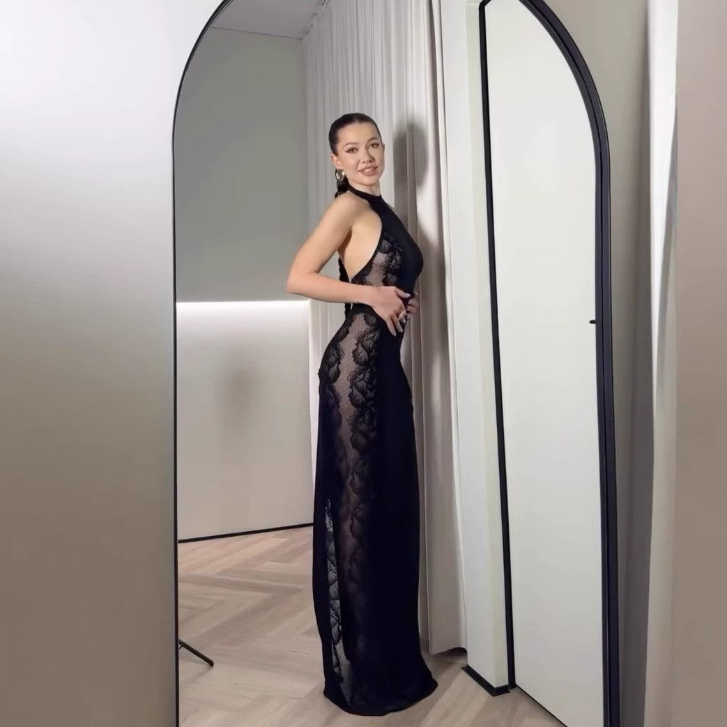 Damen Elegantes Spitzenkleid mit hohem Kragen und seitlichem Schlitz EB