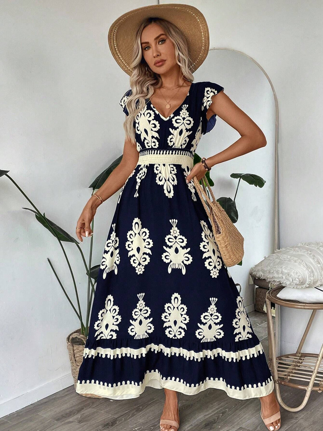 Damen Maxikleid mit eleganter Stickerei und Rüschendetails EB