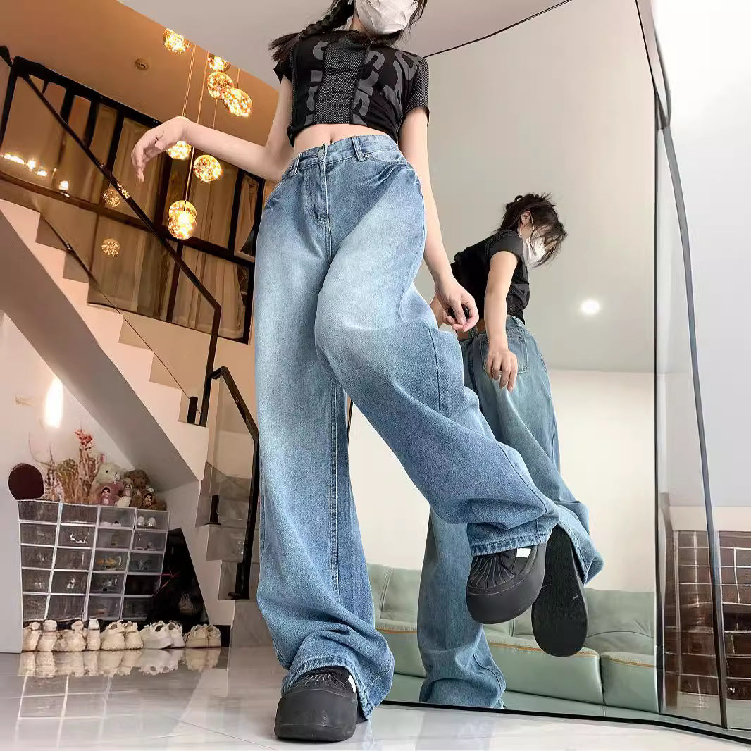 Damen weit geschnittene Mom-Jeans im Vintage-Look mit hohem Bund und modernen Details EB