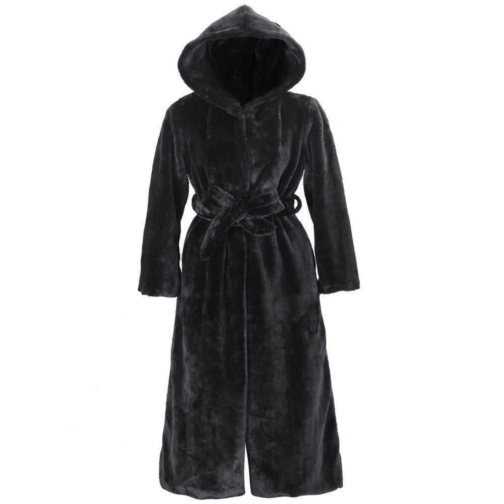 Damen Luxus Kunstfellmantel mit Kapuze und breitem Gürtel EB