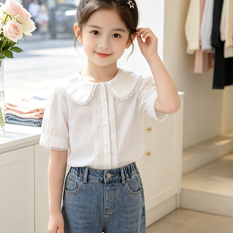 Mädchen Bluse mit elegantem Kragen und Spitzenverzierung EB