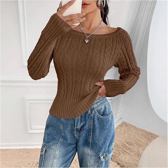 Damen Grobstrick Pullover mit offener Schulterpartie und Zopfmuster EB