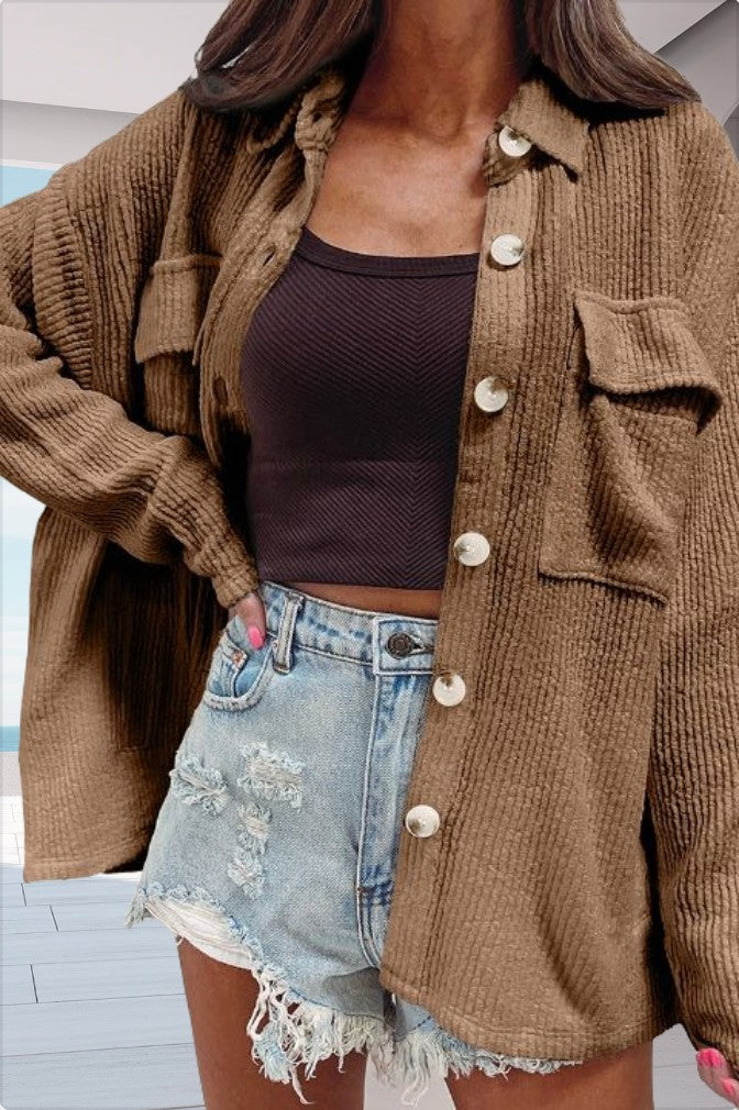 Damen lässige oversized Hemdbluse mit strukturiertem Design und praktischen Taschen EB
