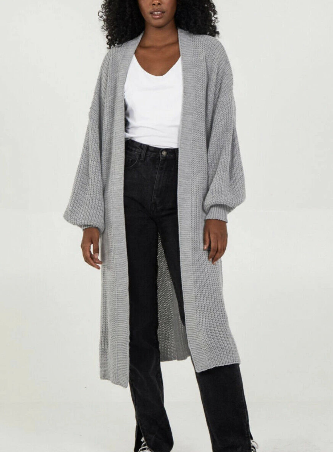 Damen Strickmantel mit voluminösen Ärmeln und offenem Schnitt EB