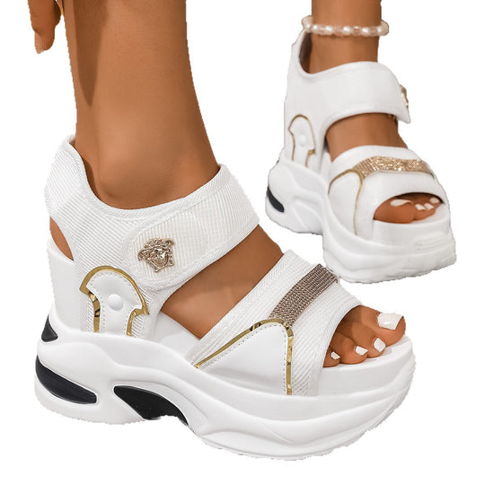Damen nan wuchtige Plateausandale mit ergonomischer Wellensohle Klettverschluss und goldenen Zierapplikationen EB