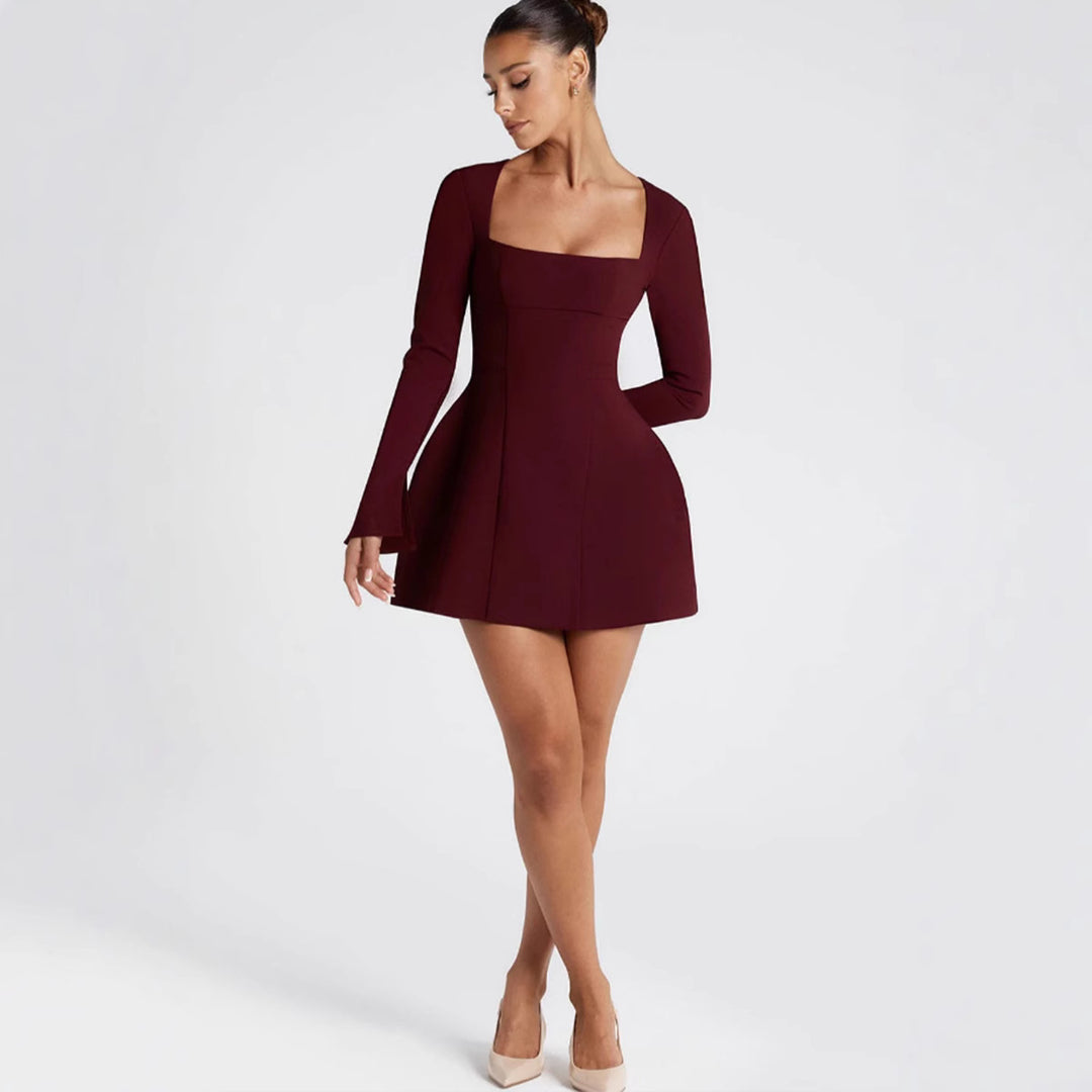 Damen Figurbetontes Minikleid mit elegantem quadratischem Ausschnitt und langen Ärmeln EB