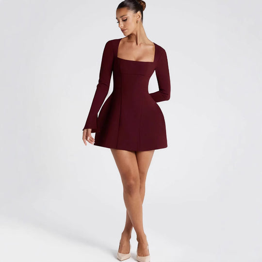 Damen Figurbetontes Minikleid mit elegantem quadratischem Ausschnitt und langen Ärmeln EB