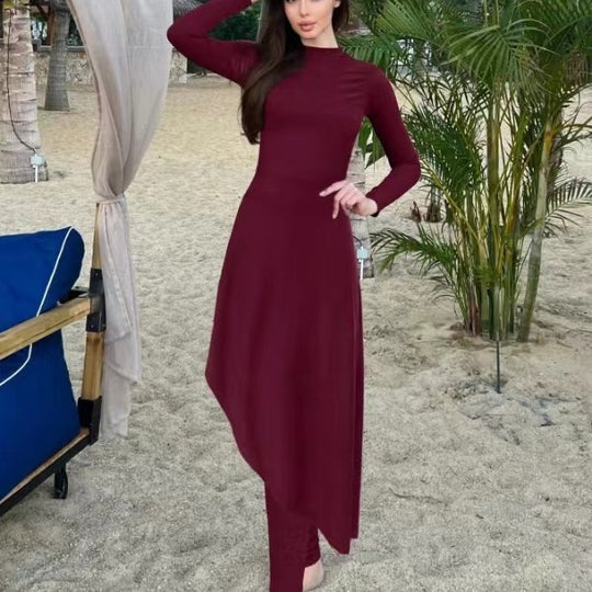 Damen eleganter Strandanzug mit asymmetrischem Schnitt und langen Ärmeln EB
