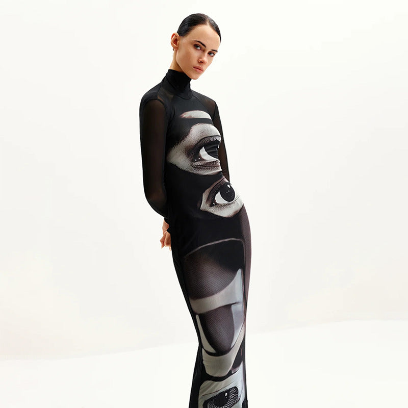 Damen Langarm Maxikleid mit grafischem Muster und hochgeschlossenem Kragen EB
