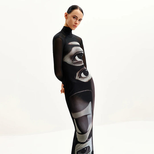 Damen Langarm Maxikleid mit grafischem Muster und hochgeschlossenem Kragen EB