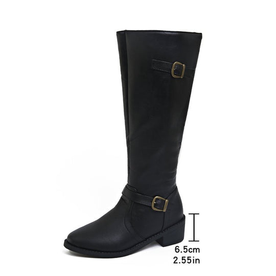 Damen nan kniehohe Reitstiefel mit dekorativen Schnallen und ergonomischem Blockabsatz EB