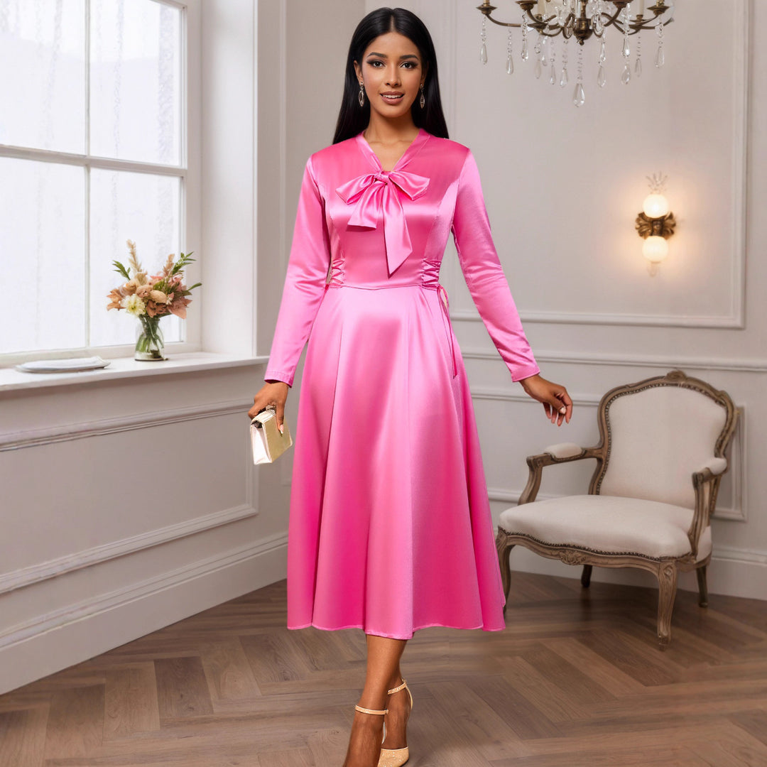Damen Elegantes Midikleid mit Raffinierter Schleifenbindung EB