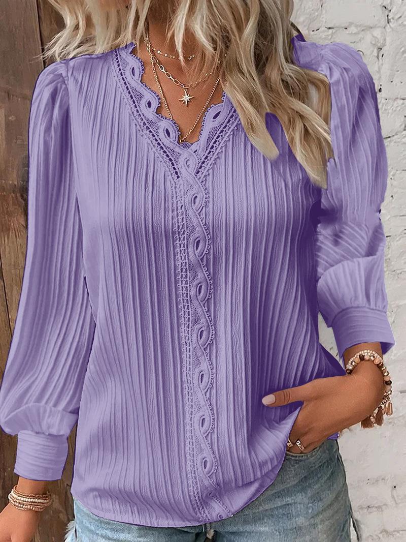 Damen nan romantische V-Ausschnitt Spitzenbluse mit Plissee und Puffärmeln EB