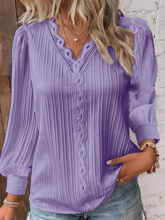 Damen nan romantische V-Ausschnitt Spitzenbluse mit Plissee und Puffärmeln EB