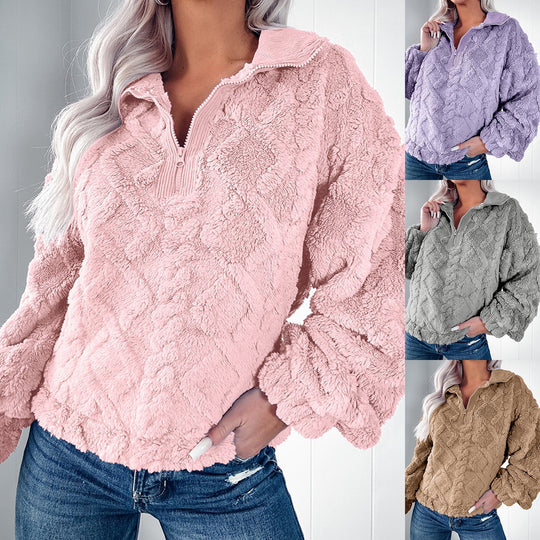 Damen nan Plüsch-Sherpa-Pullover mit halbem Reißverschluss, Stehkragen und oversized Silhouette EB