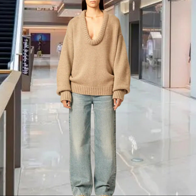 Damen Strickpullover mit V-Ausschnitt und lässigem Schnitt EB