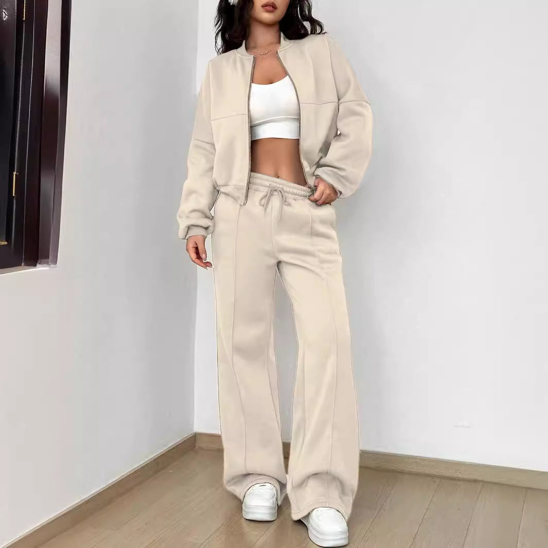 Damen nan kurz geschnittenes Blouson mit Reißverschluss und weiter High-Waist Jogginghose Set EB