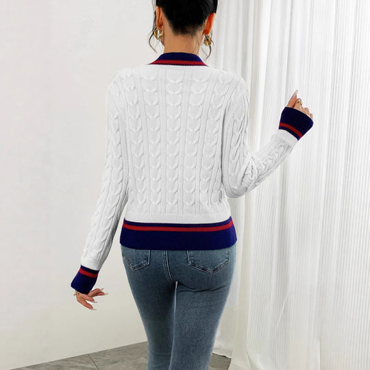 Damen modischer Kabelstrick-Cardigan mit zweifarbigem Abschluss EB