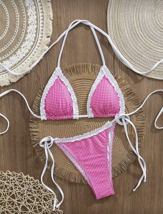 Damen Bikini-Set mit verspieltem Karomuster und charmanten Rüschendetails EB