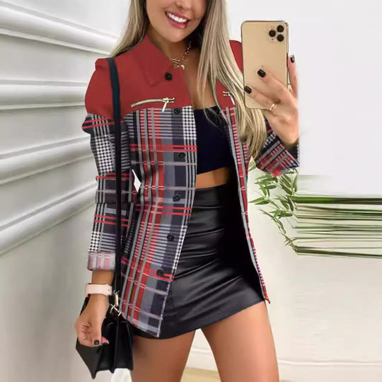 Damen nan gemusterter Blazer mit geometrischem Print, Reißverschlusstasche und durchgehender Knopfleiste EB