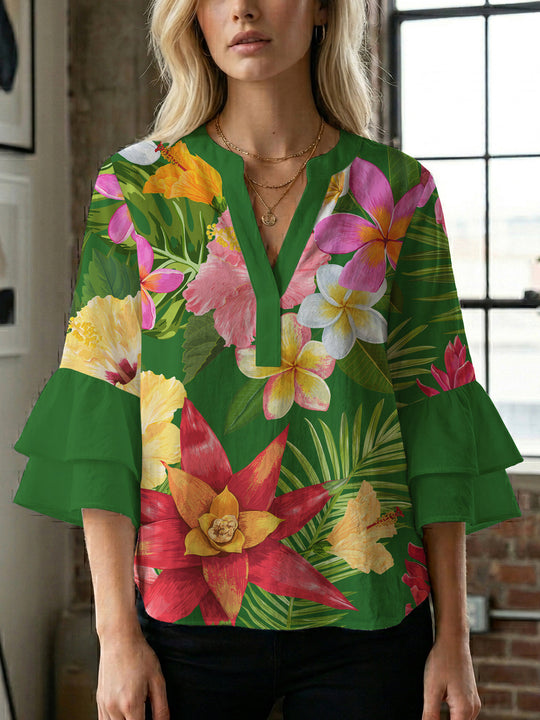 Damen Blusenshirt mit voluminösen Ärmeln und floralem Muster EB