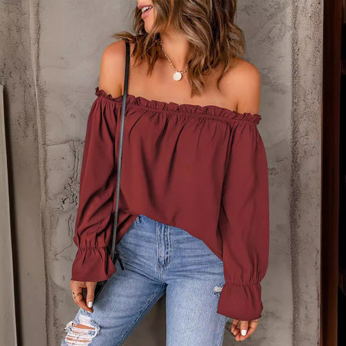 Damen Off-Shoulder Bluse mit Raffungen und weiten Ärmeln EB