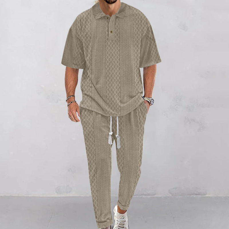 Herren nan Jacquard-Loungewear-Set mit Polokragen Kordelzugbund und konisch geschnittener Jogginghose EB