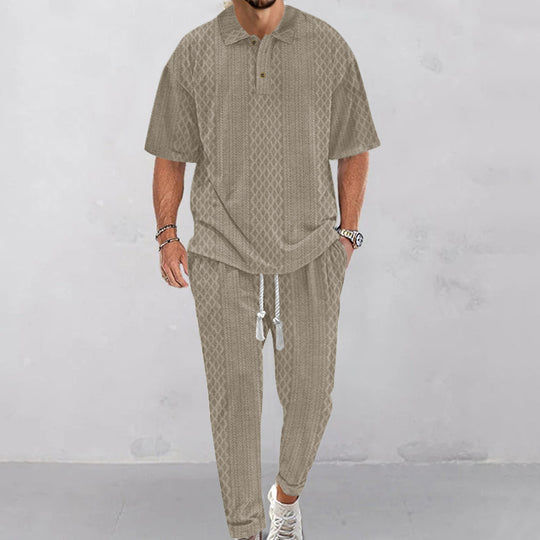 Herren nan Jacquard-Loungewear-Set mit Polokragen Kordelzugbund und konisch geschnittener Jogginghose EB