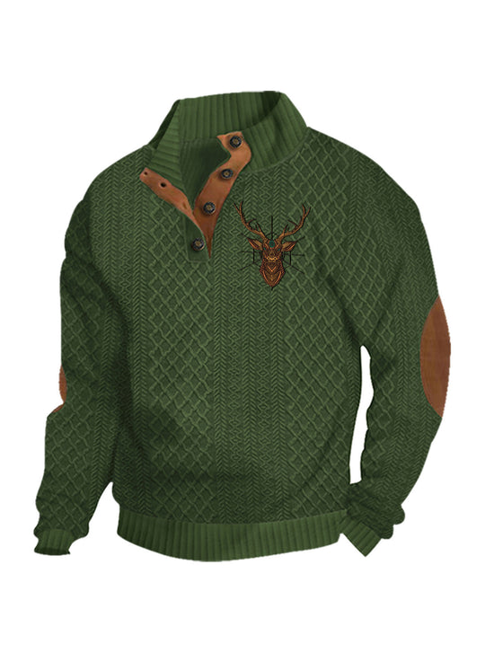 Herren nan Heritage-Strukturpullover mit Stehkragen Lederimitat-Besatz Ellenbogen-Patches und Halbknopfleiste EB