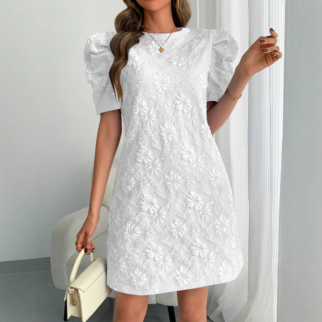 Damen Mini-Kleid mit Puffärmeln und floralem Stickdesign EB