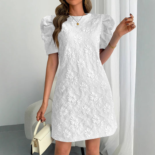 Damen Mini-Kleid mit Puffärmeln und floralem Stickdesign EB