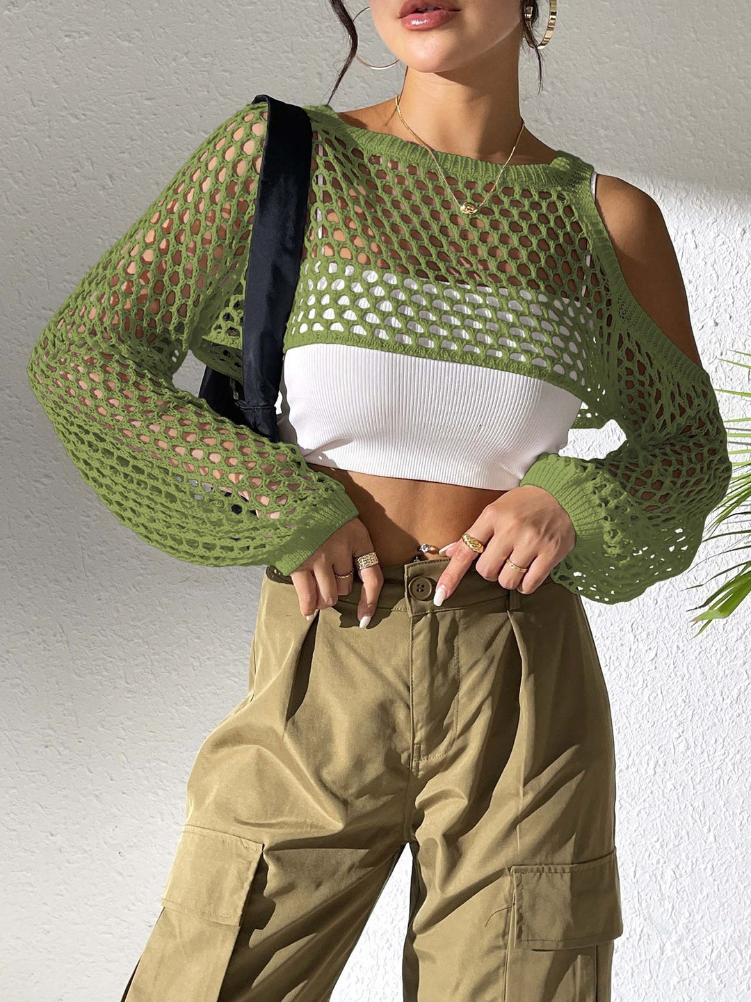 Damen gestricktes Netzoberteil mit offenen Schultern und modischem Design EB