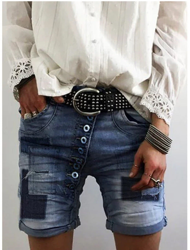 Damen modische Denim-Shorts mit funktionalen Taschen und distressed Akzenten EB
